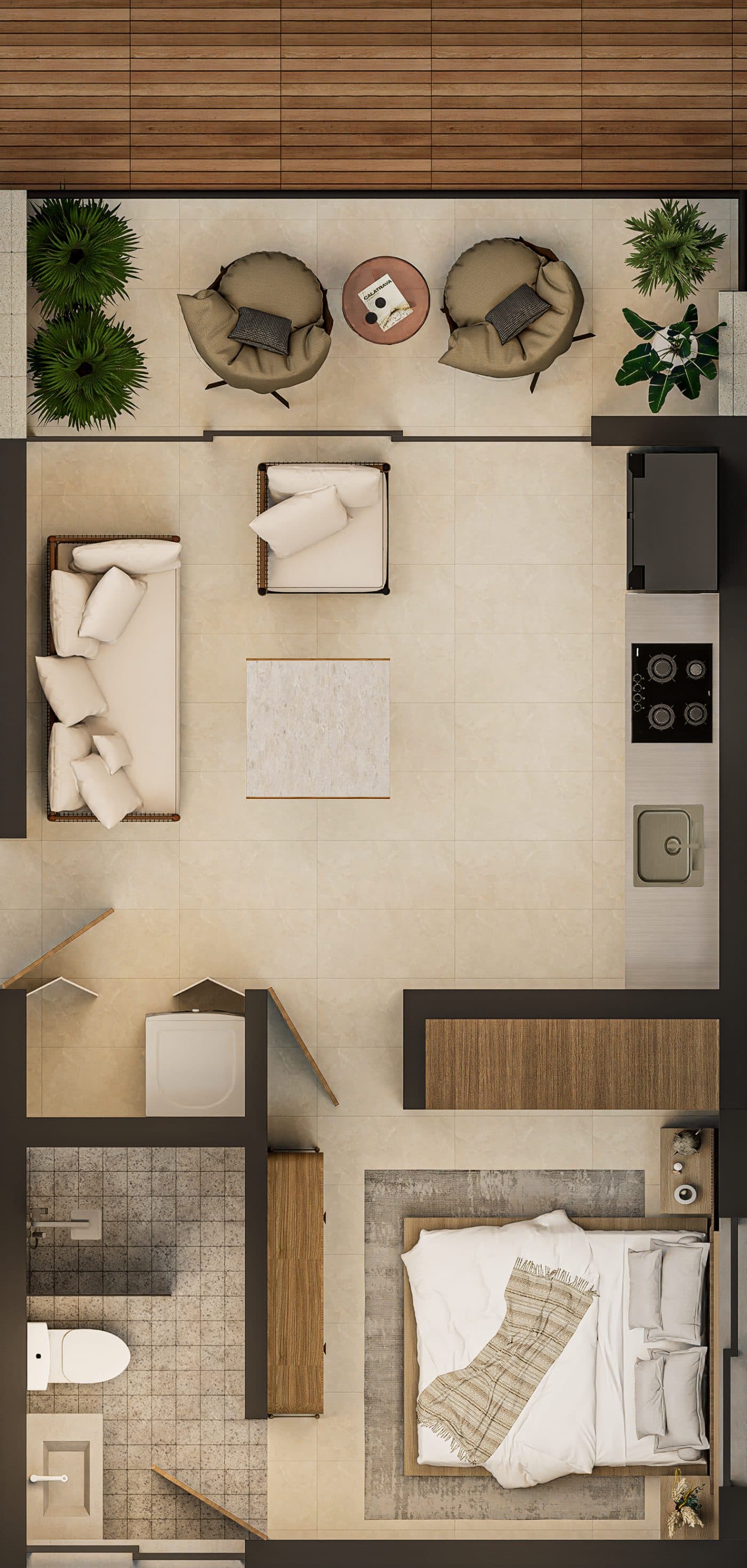 Plano de distribución: Apartamento de 1 dormitorio — 47.00 m² · Unidades 103, 203, 303 y 403 — Vibe