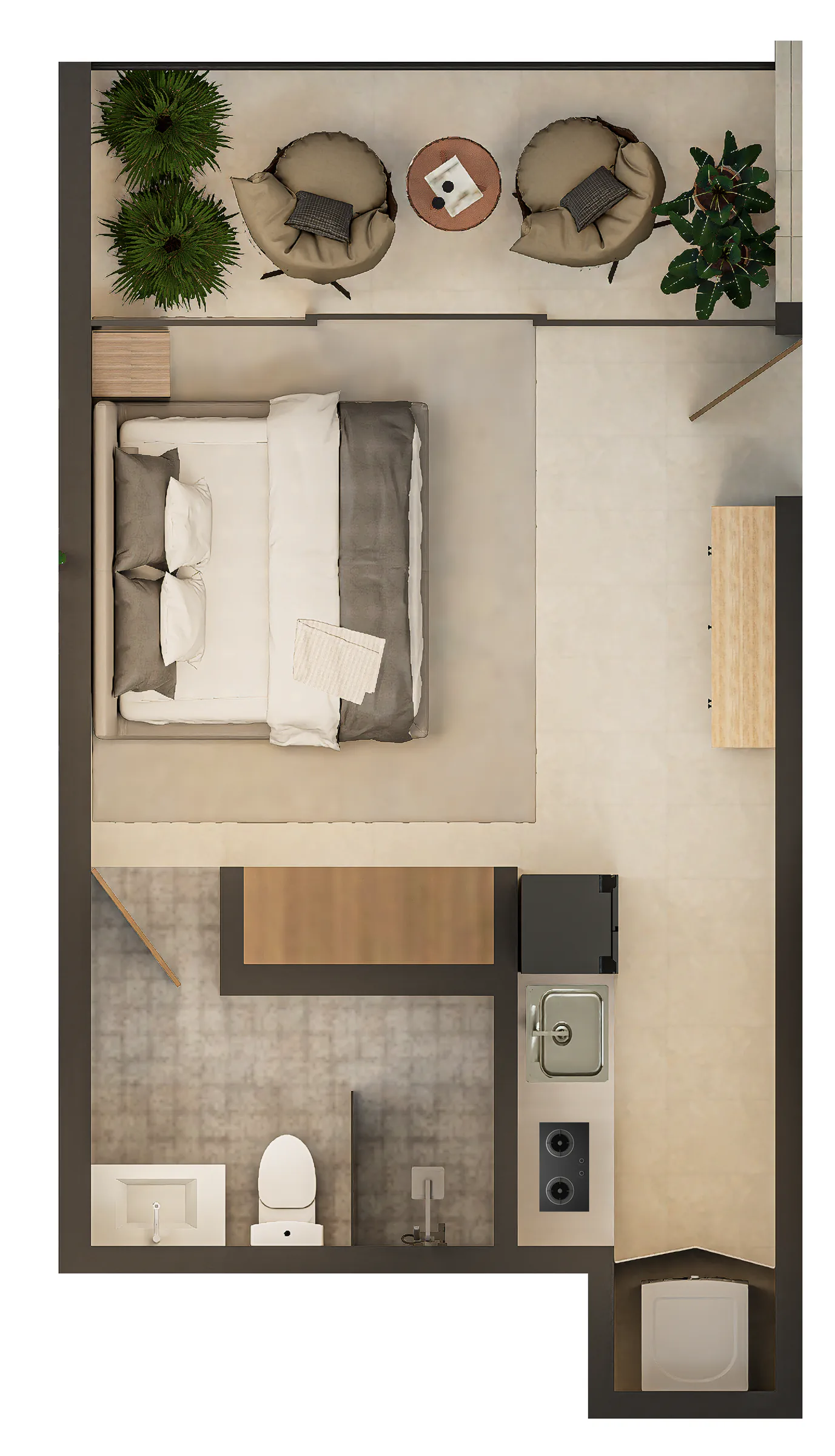 Plano de distribución: Estudio central — 35.00 m² · Unidades 102, 202, 302 y 402 — Vibe