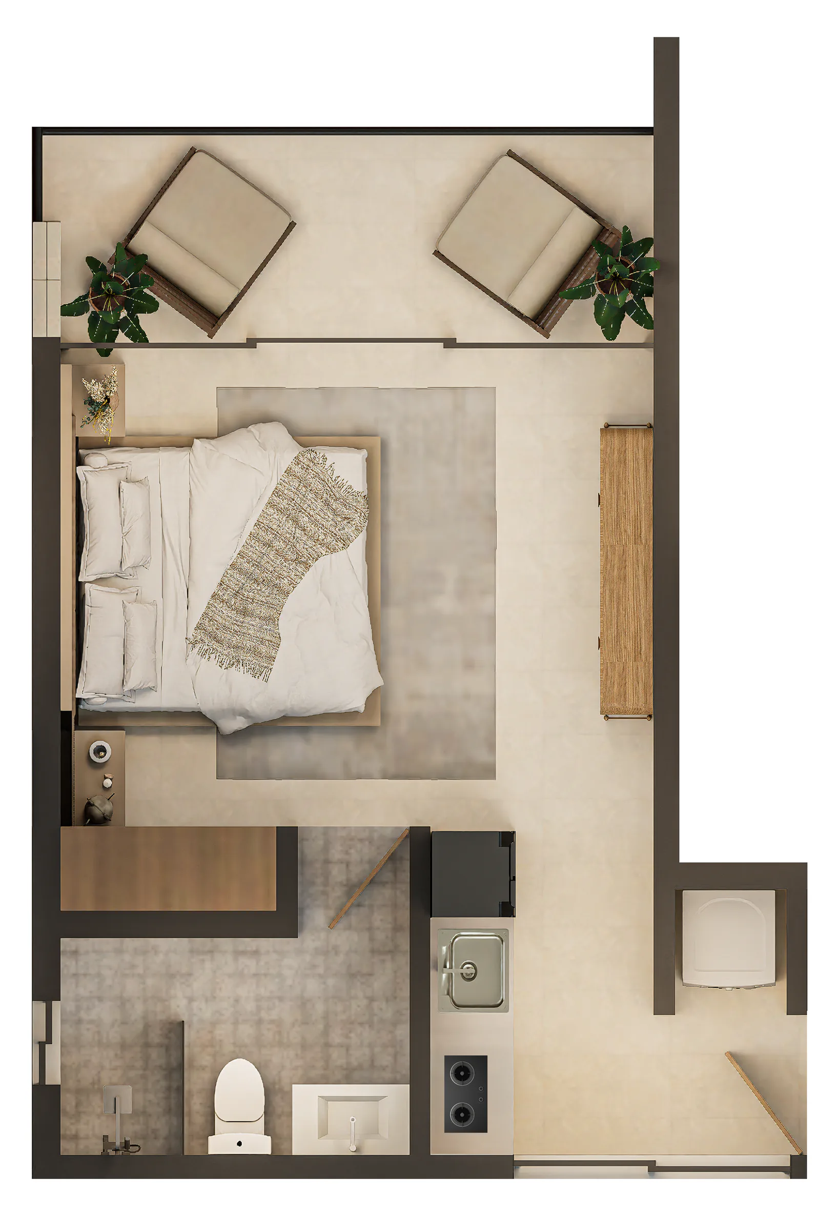 Plano de distribución: Estudio lateral — 36.41 m² · Unidades 101, 201, 301 y 401 — Vibe