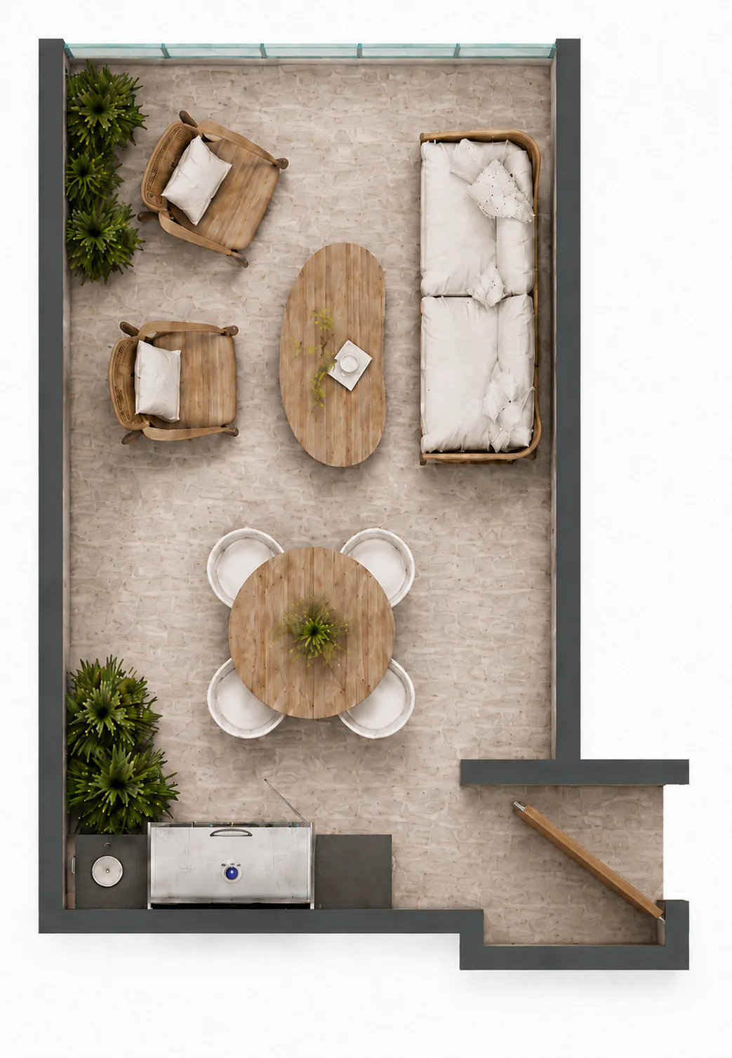Plano de distribución: Rooftop 401 — 36.41 m² interior + 36.41 m² de rooftop = 72.82 m² — Vibe