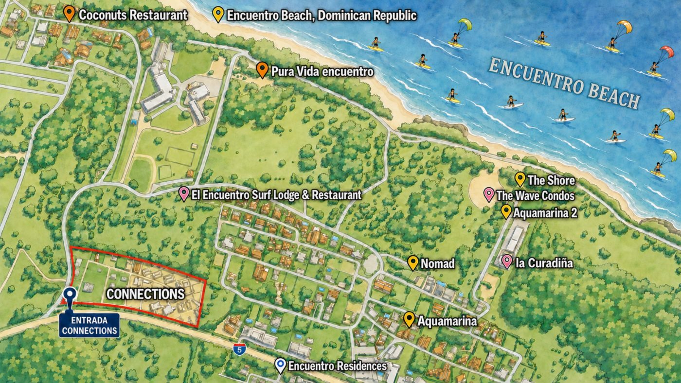 Mapa ilustrado de Playa Encuentro con la ubicación de Vibe